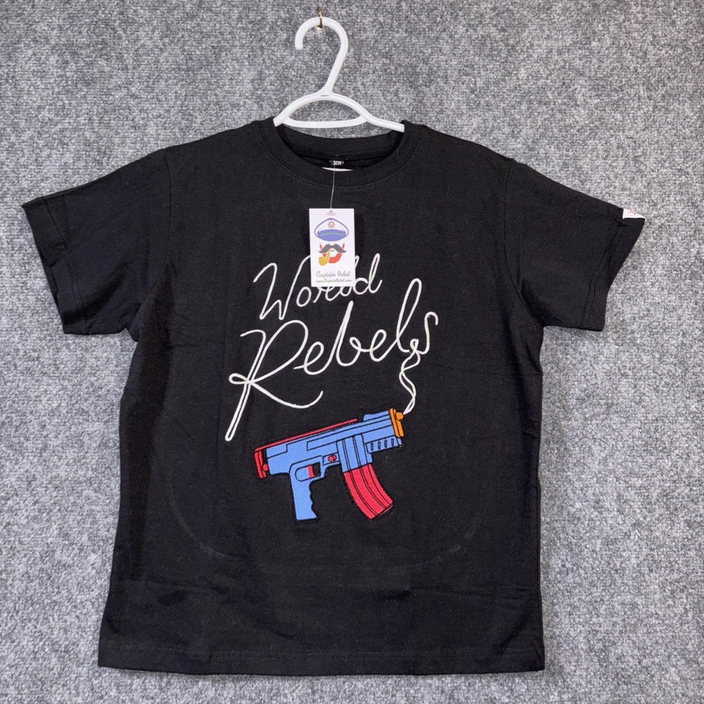 NWT Captain Rebel Embroidered Gun Shirt World Rebels Spell Out Women's XS Black